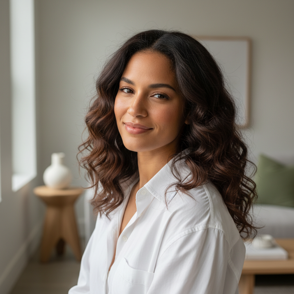 Ultra-realistic lifestyle portrait of a mixed-race woman with soft wavy hair (2B–2C), natural movement and shine. Wearing a white cotton shirt. Minimal interior background with #3D684C green accents. Natural window light, authentic skin texture. Modern hair care aesthetic. 1:1