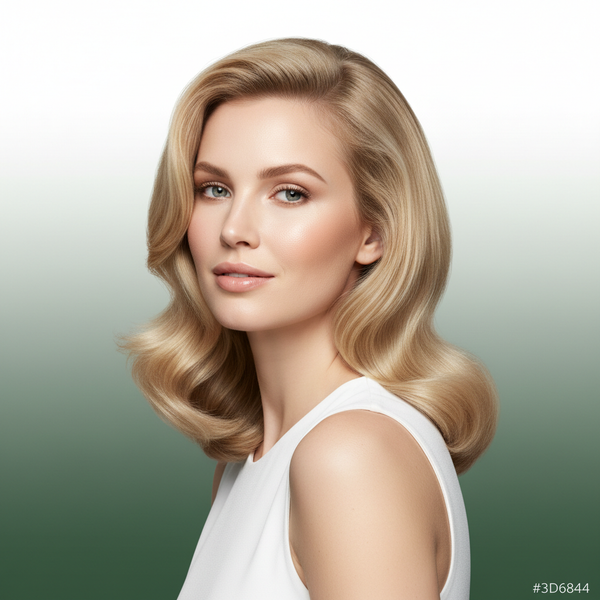 Ultra-realistic studio beauty portrait of a white woman with smooth blonde blow-dried hair, shiny and voluminous. Wearing a white sleeveless top. Soft gradient background blending white and #3D684C green. Controlled studio lighting, luxury cosmetic campaign look. 1:1