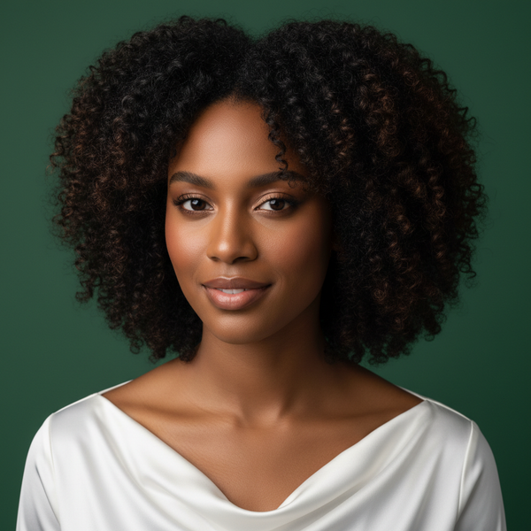 Ultra-realistic studio portrait of a young Black woman with natural 3B–3C curly hair, defined, hydrated, healthy shine. Calm confident expression, soft natural makeup. Wearing a minimal white silk top. Smooth matte #3D684C green background, evenly lit. Soft diffused studio lighting, subtle hair highlights. DSLR photo, 85mm lens, shallow depth of field, realistic skin texture. 1:1